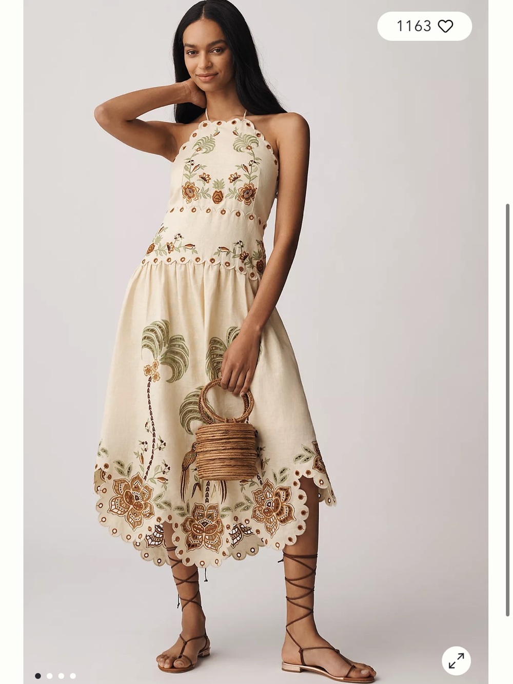 Farm Rio Linen Halter Eyelet Midi Dress